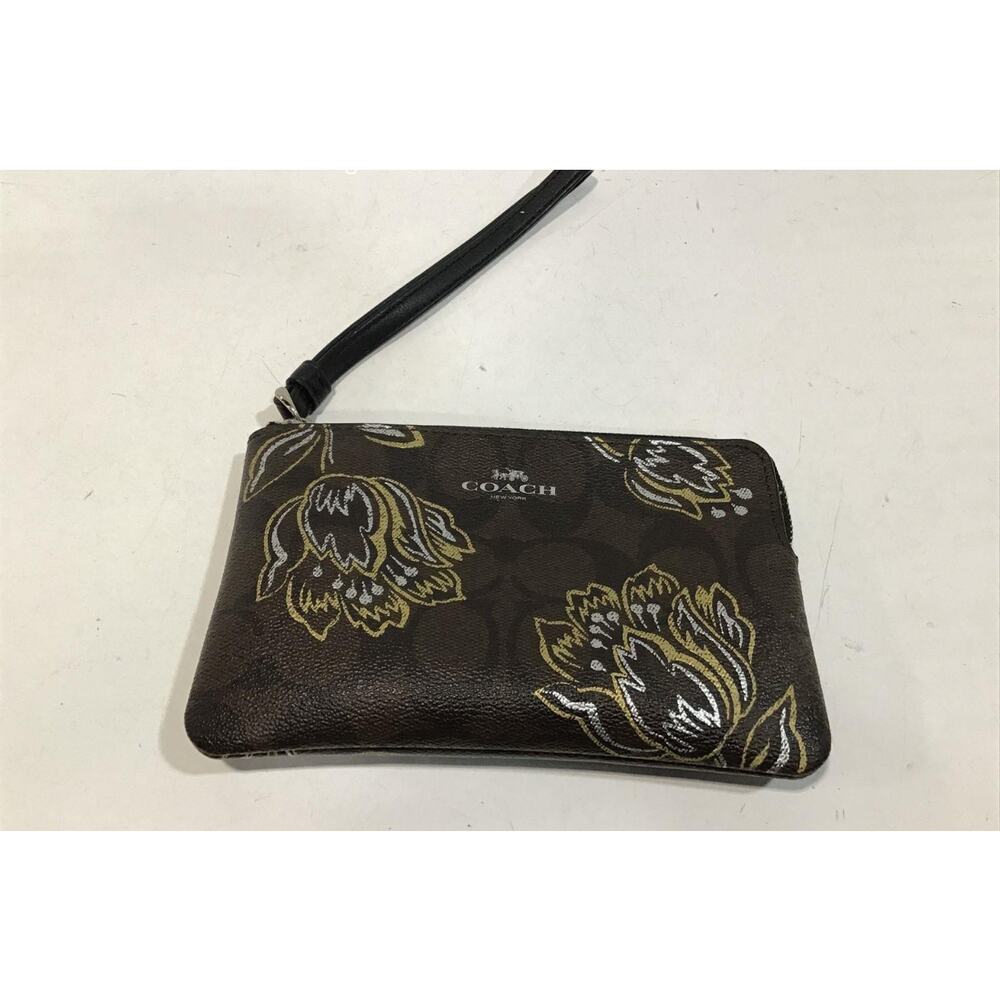 Coach Corner Zip Wristlet in SIgnature Canvas with Tulip Print Women's EUC